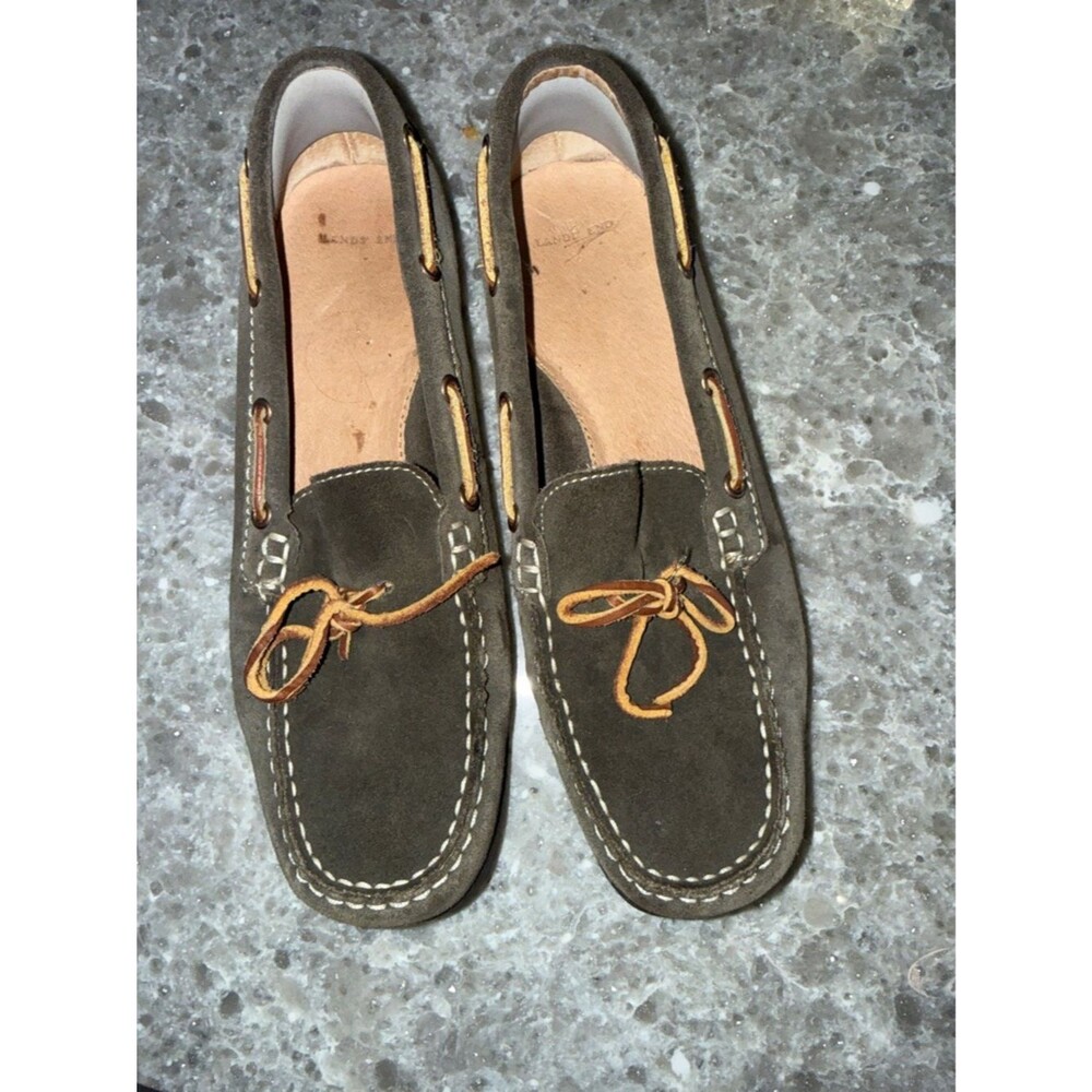 Lands' End Olive Suede Moccasin Loafers with Tan Laces